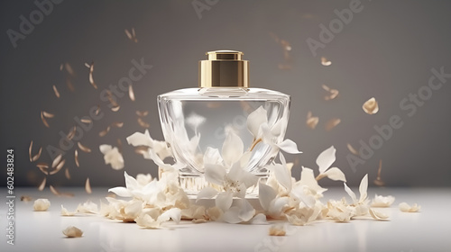 Luxury perfume glass bottle with jasmine flower petals on marble, cinematic smoke realistic minimalist white light background generative ai