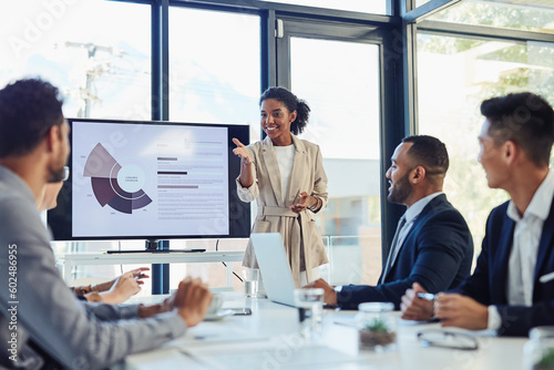 Business meeting, businesswoman and presentation on screen of tv in modern boardroom with colleagues. Workshop, speech and black woman or speaker speaking with coworkers in conference room