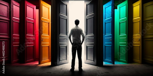 businessman in front of multiple doors of diverse colors as symbol for different opportunities. Generative ai