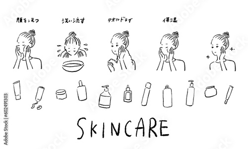 洗顔 保湿 スキンケアする女性 手描きイラスト
