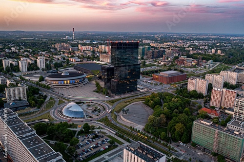 Aerial drone photo of Katowice city center and office buildings towers with roundabout. Katowice, Silesia, Poland