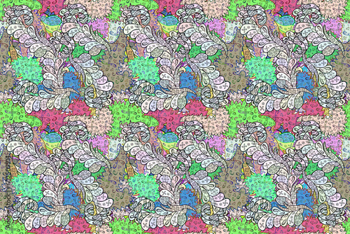 Seamless pattern with interesting doodles on colorfil background. Pano. Raster illustration.