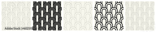 Vector seamless patterns set. Stylish linear ornaments. Geometric striped backgrounds with arches. Art deco thin monochrome swatches. Tileable prints with linear pointed arches.