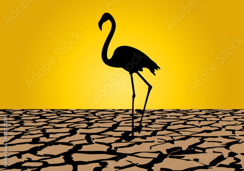 Sequía. Silueta negra de flamenco sobre tierra agrietada y sol de fondo. Crisis climática. Cambio climático. Ola de calor. Desastre natural