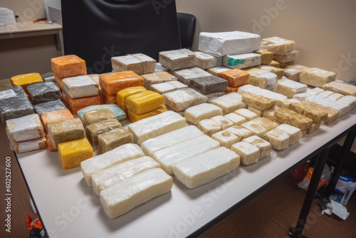 Seized drugs on border. Stack of packed drugs collected during border control at airport. Generative AI.