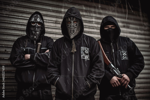 Criminal gangs. Group of criminal people waring black hoodies and masks. Violence and criminal concept. Generative AI