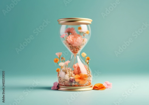 A sand clock with flowers instead of sand, on a blue background. Generative AI