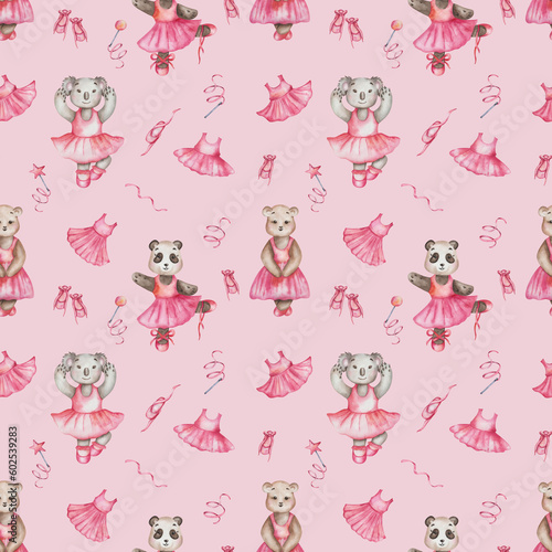 Watercolor seamless pattern. Hand painted illustration of bears in dance studio in pink dress, ballet shoes. Koala, panda, teddy bear. Animal cartoon character. Print on pink background for textile