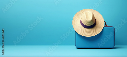 Blue travel suitcase with wheels, straw hat, on uniform blue background. Trip concept. Generative AI