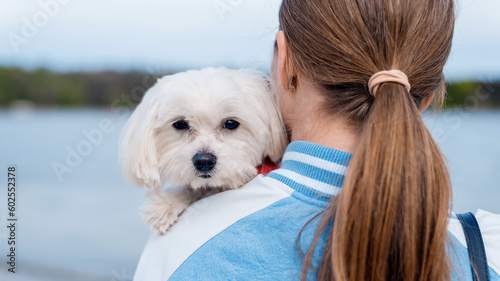 Blonde woman holding maltese dog
