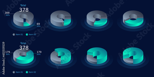 Collection of vector 3d circle pie chart infographic templates, 3d pie chart with 2 sections and different ratios.