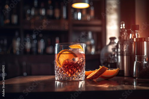 Classic negroni cocktail decorated with orange slices on a bar background. Generative AI