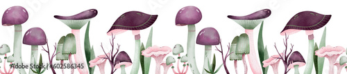 Border with forest objects - mushrooms, leaves, branch. Pattern in green and violet colors for print. Digital watercolor