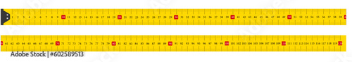 Yellow ruler for measuring length in cm. Long metric tape with scale. Tape measure with a metal ruler for measuring in millimeters, centimeters and meters. Vector illustration.