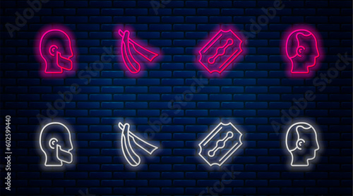 Set line Straight razor, Blade, Mustache and beard and Baldness. Glowing neon icon on brick wall. Vector