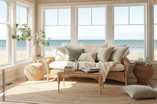 A beach-themed living room featuring a rattan sofa, seashell decor, a sisal rug, and large windows overlooking the ocean Generative AI