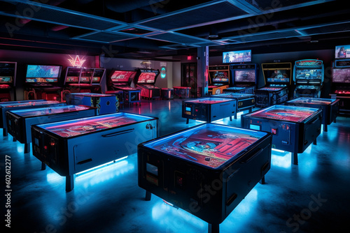 An atmospheric air hockey area with glowing tables, LED-lit pucks, and the sound of clashing paddles as players compete for air hockey supremacy Generative AI