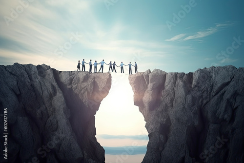 Concept of teamwork with two groups of men, separated by a chasm trying to come together