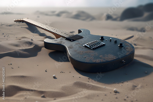 Electric guitar on the sand. Neural network AI generated
