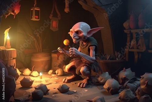 Digital fantasy painting of a goblin in an underground hideout, throwing crafted bombs - Generative AI