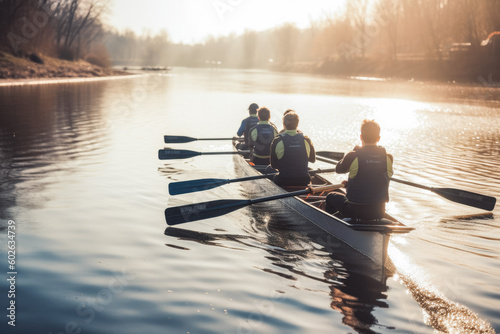 Group rowing on river. Group of people in kayak boat rowing on river. Beautiful nature blue water and trees. Generative AI