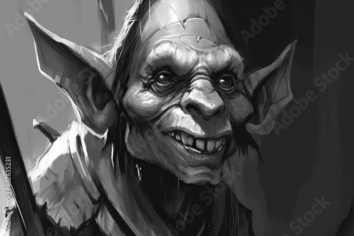 Digital monochrome portrait of a goblin creature - fantasy illustration - Generative AI