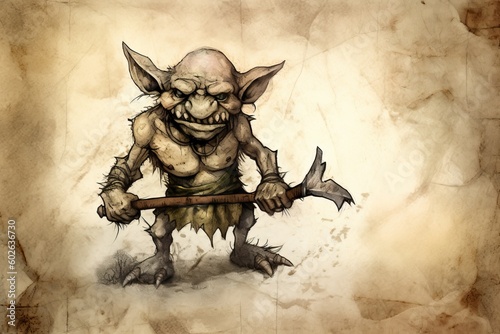 Digital painting of a kobold creature, resembling a rodent, wearing primitive armor and wielding weapons, isolated on a white background - fantasy illustration - Generative AI