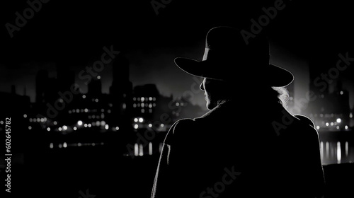 A cityscape shot in deep shadow, with a single source of light illuminating the silhouette of a detective or femme fatale