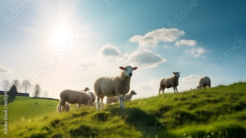 sheep and lambs on green grass created with Generative AI