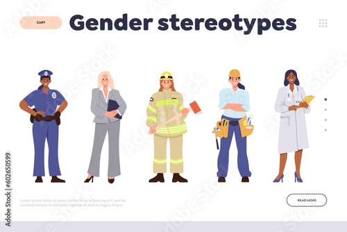 Gender stereotype concept for landing page design template with women characters of male professions