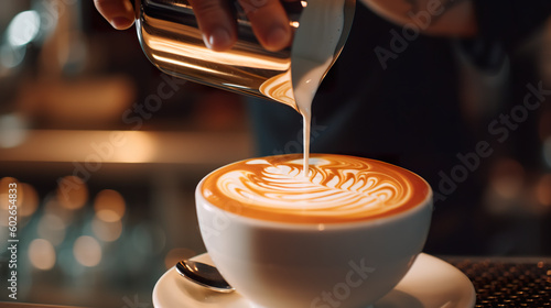 A person pouring milk into a cup of coffee. Generative AI. Latte art.