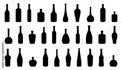 Set of alcohol bottle silhouette icon. Black alcohol bottle collection