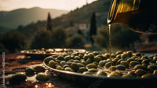 Olive oil and delicious olives on background of picturesque olive grove and mountain village. Based on Generative AI