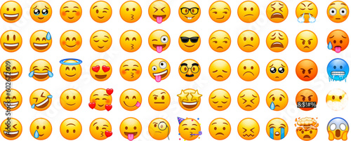 Big set of iOS emoticons. Funny emoticons faces with facial expressions. Full editable vector icons. Detailed emoji icons. Apple iPhone emoji set.