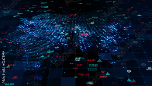 3d rendering of stock market data on digital earth map background