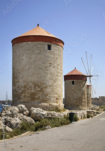 Windmills in Rhodes city. Rhodes island. Greece