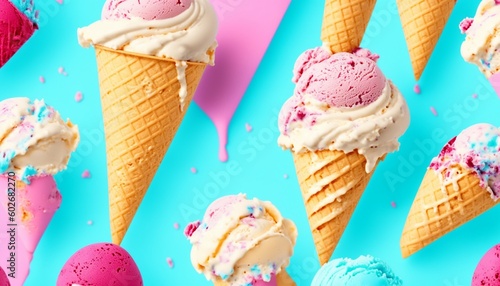 Ice cream on blue background, generative ai