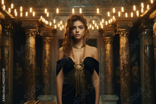 dreamy and cute classical slim female in a Greek temple. dressed as a high priestess in a black dress adorned with golden details. generative AI