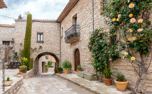 L'Astor (Anoia), Catalunya, Spain - May 14, 2023: Stone houses in the medieval village