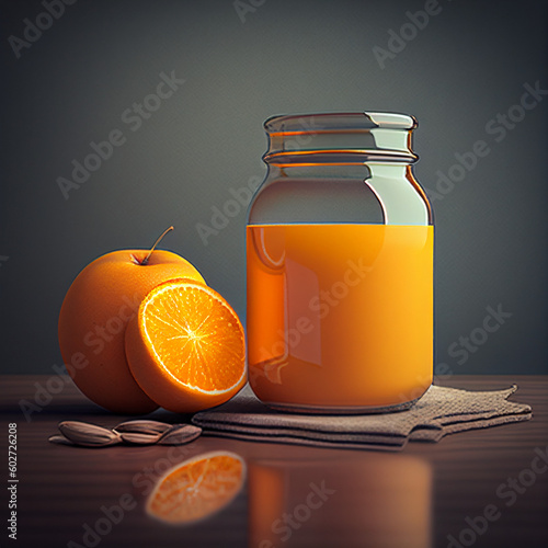 Jarra de suco de laranja com uma fruta laranja ao lado