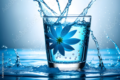 Drink z woda i niebieskim kwiatem, abstrakcja. Generative AI