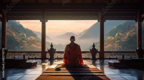 Monk in the lotus position in the temple. Generative AI..