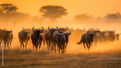 Gnu or wildebeest migration in serengeti national park, Tanzania at dawn or evening, golden hour, stampede and dust flying all around, wide angle shot.
