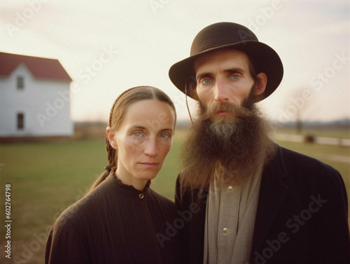 portrait of an amish couple in traditional american peasant-style clothing, man with long beard - generative ai