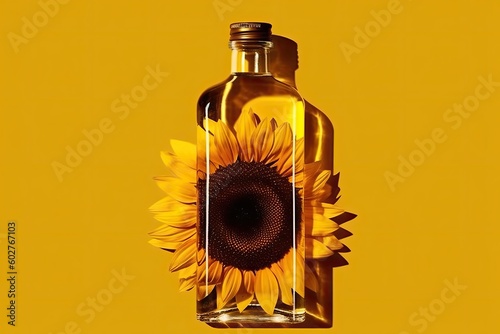 bottle of sunflower oil on a bright yellow background Generative AI