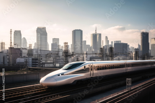 Shinkansen bullet train, view from the front, with city skyline in the background, generative AI