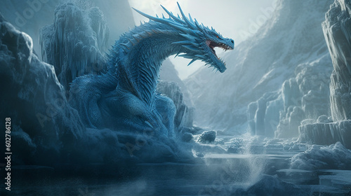 A dragon breathing icy breath, creating a frozen landscape Generative AI