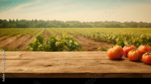 Countryside Rustic Farm-to-Table Setting. Empty wood table with ample free space against a backdrop of lush tomatoes field. Copy space for text. Organic Agriculture concept AI Generative