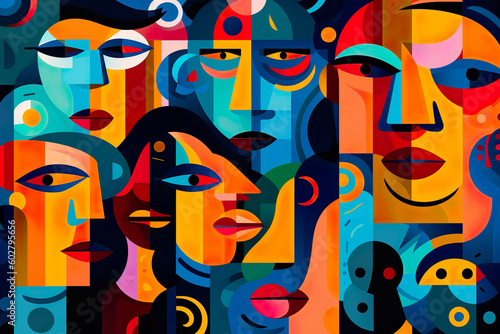 Abstract Artwork Featuring Various Colorful Figures with Bold Graphic Patterns in a Social Media Art Style. Generative AI