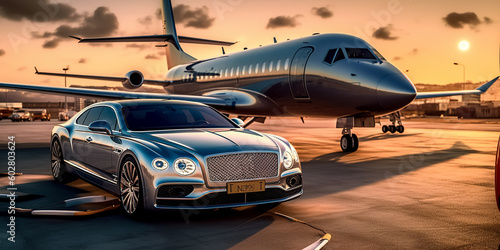 Super car and private jet on landing strip. Business class service at the airport. Business class transfer. Airport shuttle. digital ai